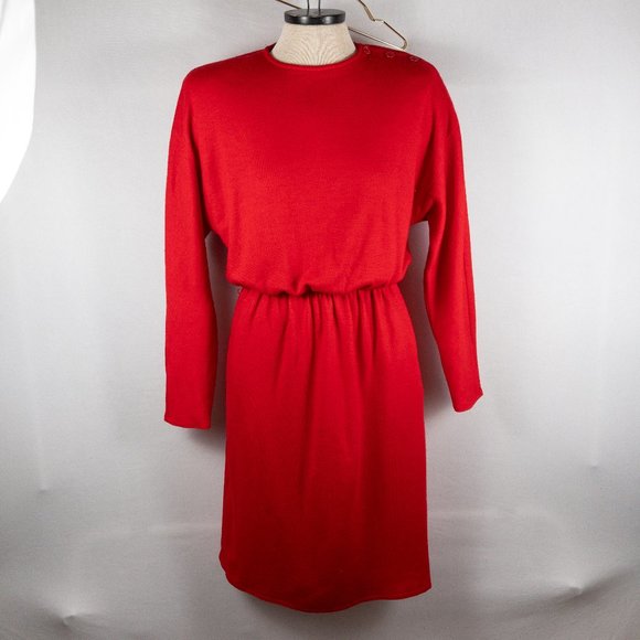 Dior Dresses & Skirts - Vintage Christian Dior 80s Red 100% Wool Sweater Dress Pockets Elastic Small